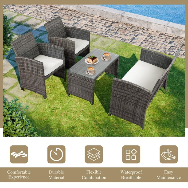 Walsunny 4 Piece Patio Ratten Set Outdoor Furniture Set Wicker Conversation Set with Cushions and Tempered Glass Tabletop - Image 3