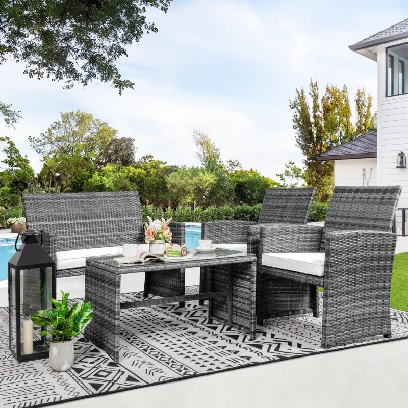 Walsunny 4 Piece Patio Ratten Set Outdoor Furniture Set Wicker Conversation Set with Cushions and Tempered Glass Tabletop - Image 9