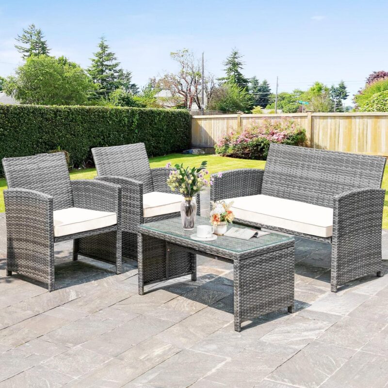 Walsunny 4 Piece Patio Ratten Set Outdoor Furniture Set Wicker Conversation Set with Cushions and Tempered Glass Tabletop
