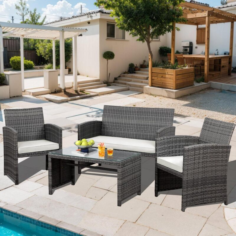 Walsunny 4 Piece Patio Ratten Set Outdoor Furniture Set Wicker Conversation Set with Cushions and Tempered Glass Tabletop - Image 11