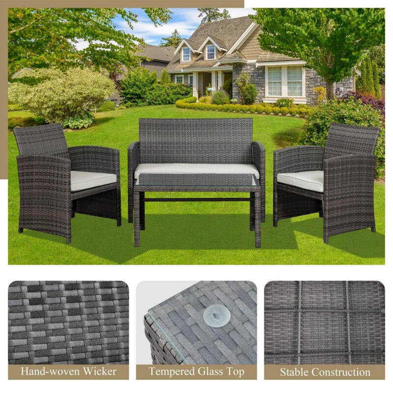 Walsunny 4 Piece Patio Ratten Set Outdoor Furniture Set Wicker Conversation Set with Cushions and Tempered Glass Tabletop - Image 5