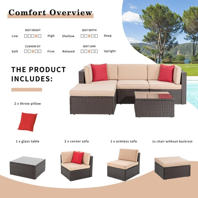 Walsunny 5 Pieces Patio Furniture Sets Outdoor All-Weather Sectional Patio Sofa Set PE Rattan Wicker Conversation Set Beige - Image 4