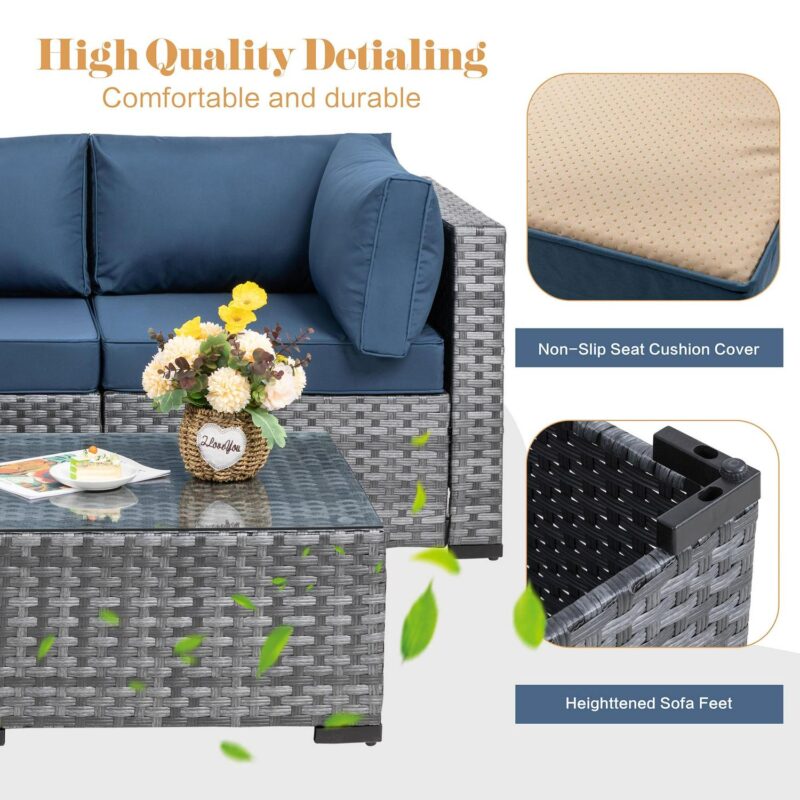Walsunny 5 Pieces Patio Furniture Sets, Wicker Rattan Outdoor Sectional Sofa with Glass Table and Cushions Aegean Blue - Image 2
