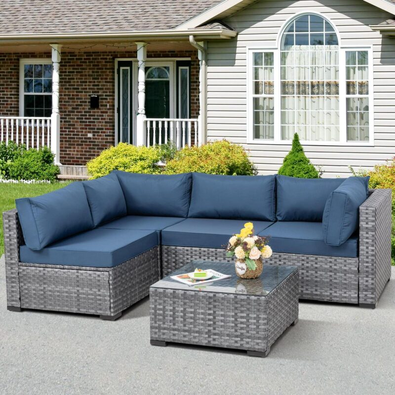 Walsunny 5 Pieces Patio Furniture Sets, Wicker Rattan Outdoor Sectional Sofa with Glass Table and Cushions Aegean Blue - Image 4