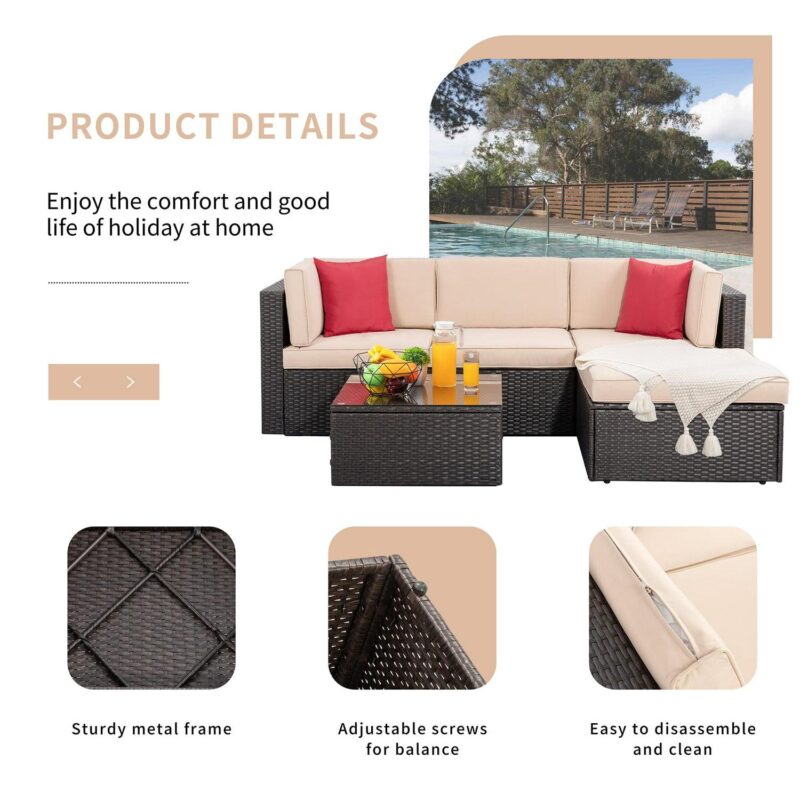Walsunny 5 Pieces Patio Furniture Sets Outdoor All-Weather Sectional Patio Sofa Set PE Rattan Wicker Conversation Set Beige - Image 5