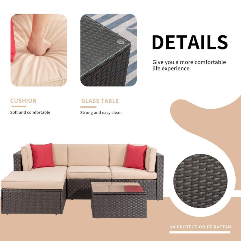 Walsunny 5 Pieces Patio Furniture Sets Outdoor All-Weather Sectional Patio Sofa Set PE Rattan Wicker Conversation Set Beige - Image 6