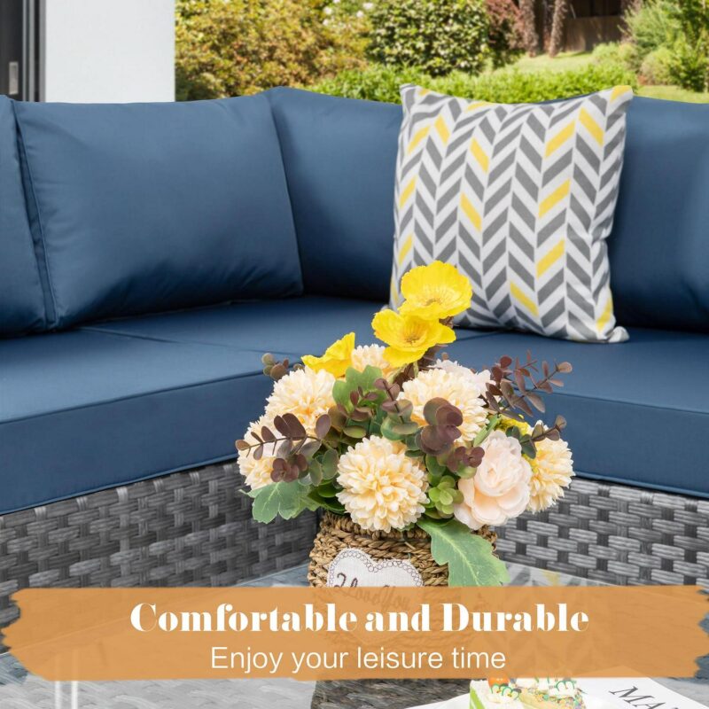 Walsunny 5 Pieces Patio Furniture Sets, Wicker Rattan Outdoor Sectional Sofa with Glass Table and Cushions Aegean Blue - Image 5
