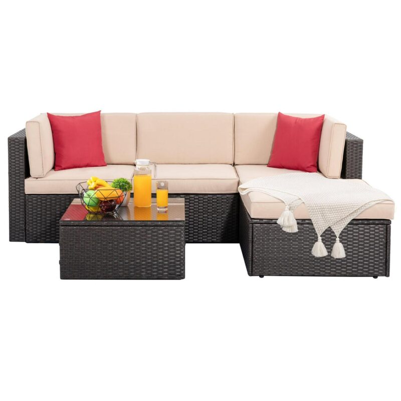Walsunny 5 Pieces Patio Furniture Sets Outdoor All-Weather Sectional Patio Sofa Set PE Rattan Wicker Conversation Set Beige - Image 7