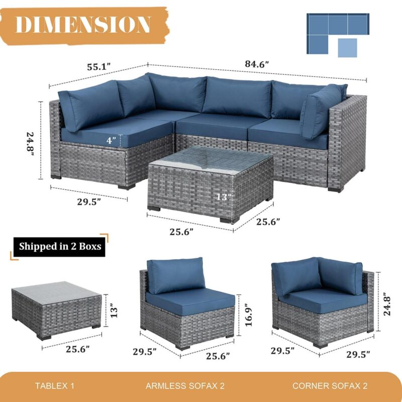 Walsunny 5 Pieces Patio Furniture Sets, Wicker Rattan Outdoor Sectional Sofa with Glass Table and Cushions Aegean Blue - Image 3