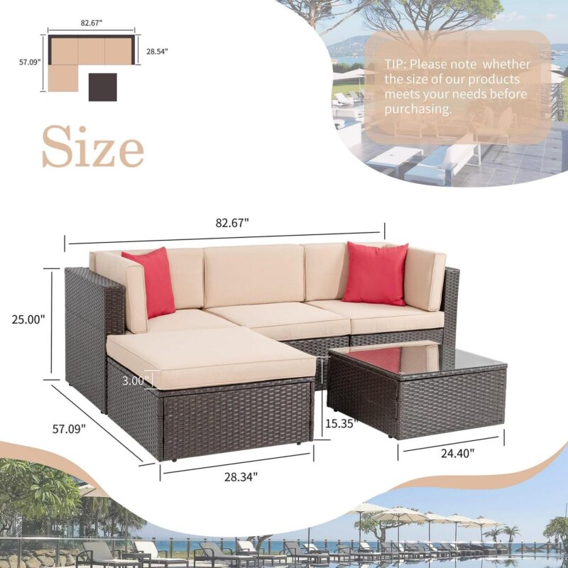 Walsunny 5 Pieces Patio Furniture Sets Outdoor All-Weather Sectional Patio Sofa Set PE Rattan Wicker Conversation Set Beige - Image 2