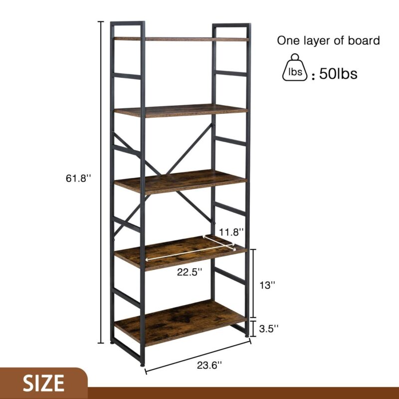 Walsunny 5 Tiers Bookshelf Classically Tall Bookcase Shelf Industrial Book Rack Modern Book Holder Brown - Image 2