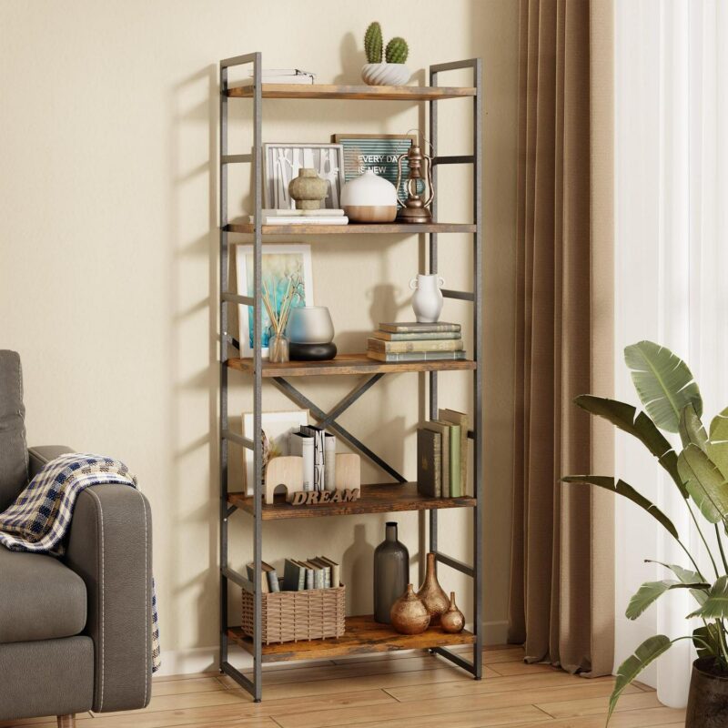 Walsunny 5 Tiers Bookshelf Classically Tall Bookcase Shelf Industrial Book Rack Modern Book Holder Brown - Image 4
