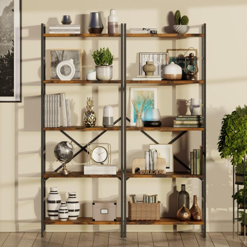 Walsunny 5 Tiers Bookshelf Classically Tall Bookcase Shelf Industrial Book Rack Modern Book Holder Brown - Image 5