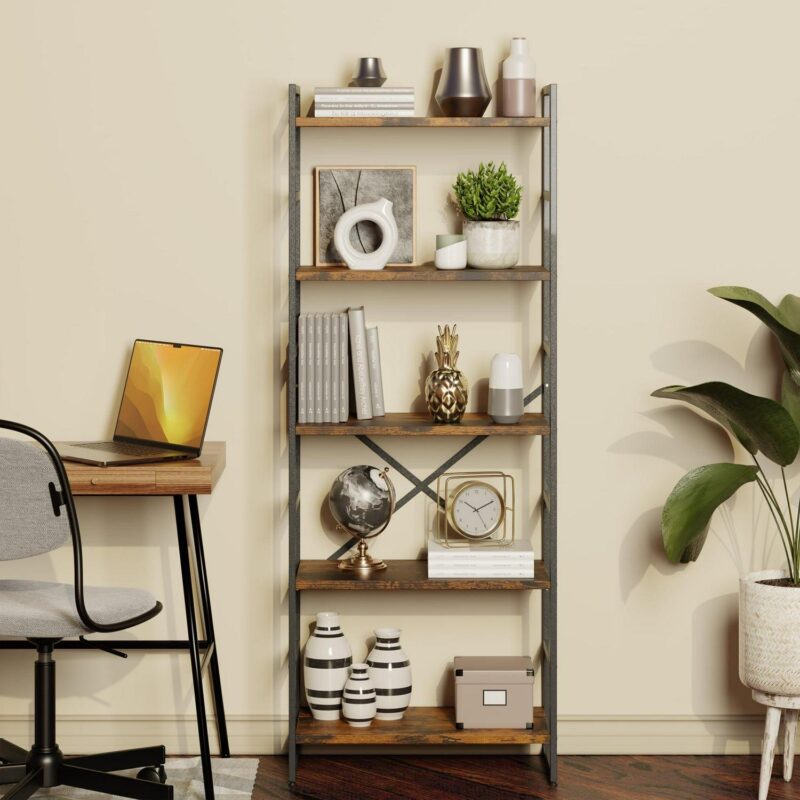 Walsunny 5 Tiers Bookshelf Classically Tall Bookcase Shelf Industrial Book Rack Modern Book Holder Brown - Image 3