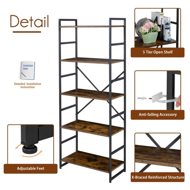 Walsunny 5 Tiers Bookshelf Classically Tall Bookcase Shelf Industrial Book Rack Modern Book Holder Brown - Image 6