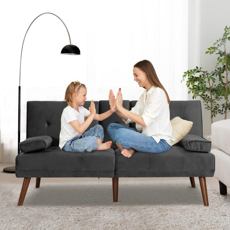 Walsunny 60a Convertible Sofa Bed Small Folding Loveseat Couch Removable Armrest, Modern Futon Recliner Sleeper wIth 2 Cup Holder Dark Gray - Image 3