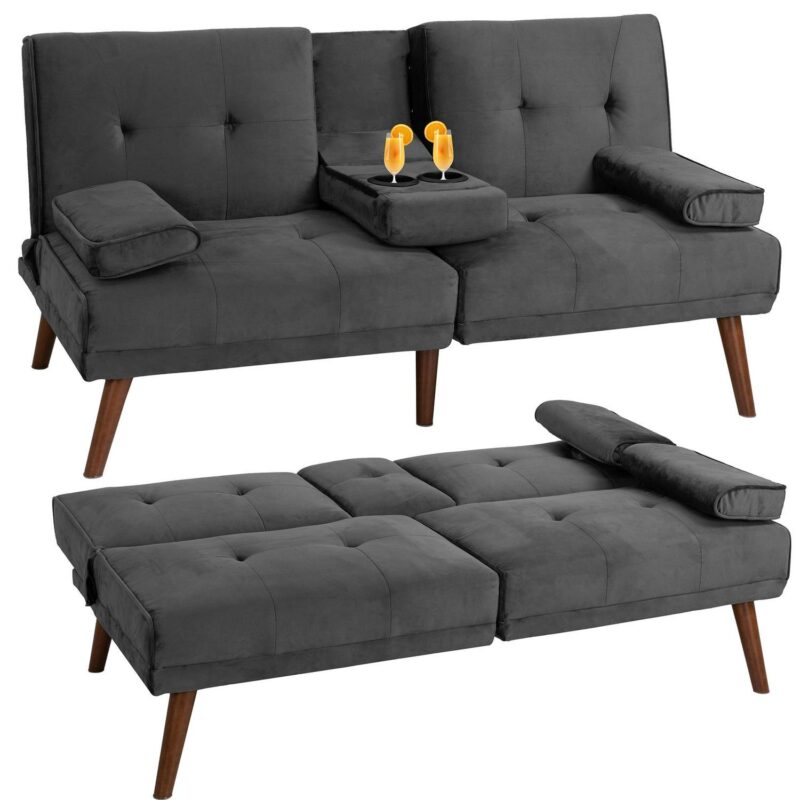 Walsunny 60a Convertible Sofa Bed Small Folding Loveseat Couch Removable Armrest, Modern Futon Recliner Sleeper wIth 2 Cup Holder Dark Gray