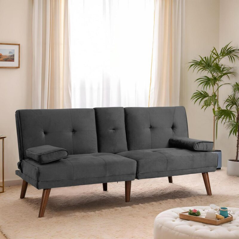 Walsunny 60a Convertible Sofa Bed Small Folding Loveseat Couch Removable Armrest, Modern Futon Recliner Sleeper wIth 2 Cup Holder Dark Gray - Image 7