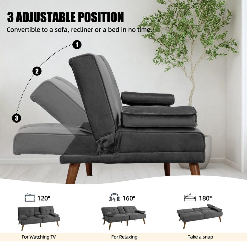 Walsunny 60a Convertible Sofa Bed Small Folding Loveseat Couch Removable Armrest, Modern Futon Recliner Sleeper wIth 2 Cup Holder Dark Gray - Image 8