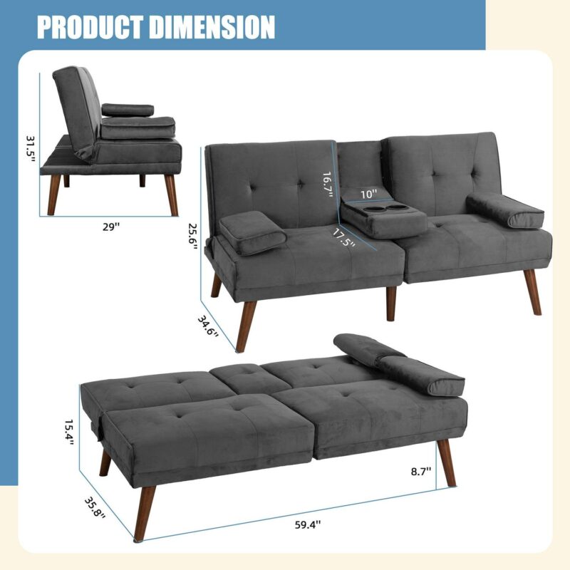 Walsunny 60a Convertible Sofa Bed Small Folding Loveseat Couch Removable Armrest, Modern Futon Recliner Sleeper wIth 2 Cup Holder Dark Gray - Image 2