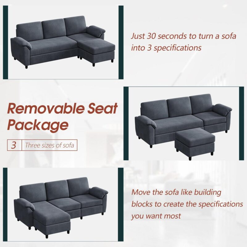 Walsunny 79  Convertible Sectional Sofa Couch,Linen Fabric L Shaped Sofa with Removable Pillows Dark Gray - Image 2