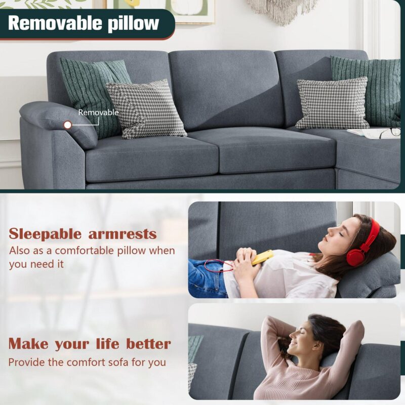 Walsunny 79  Convertible Sectional Sofa Couch,Linen Fabric L Shaped Sofa with Removable Pillows Dark Gray - Image 6