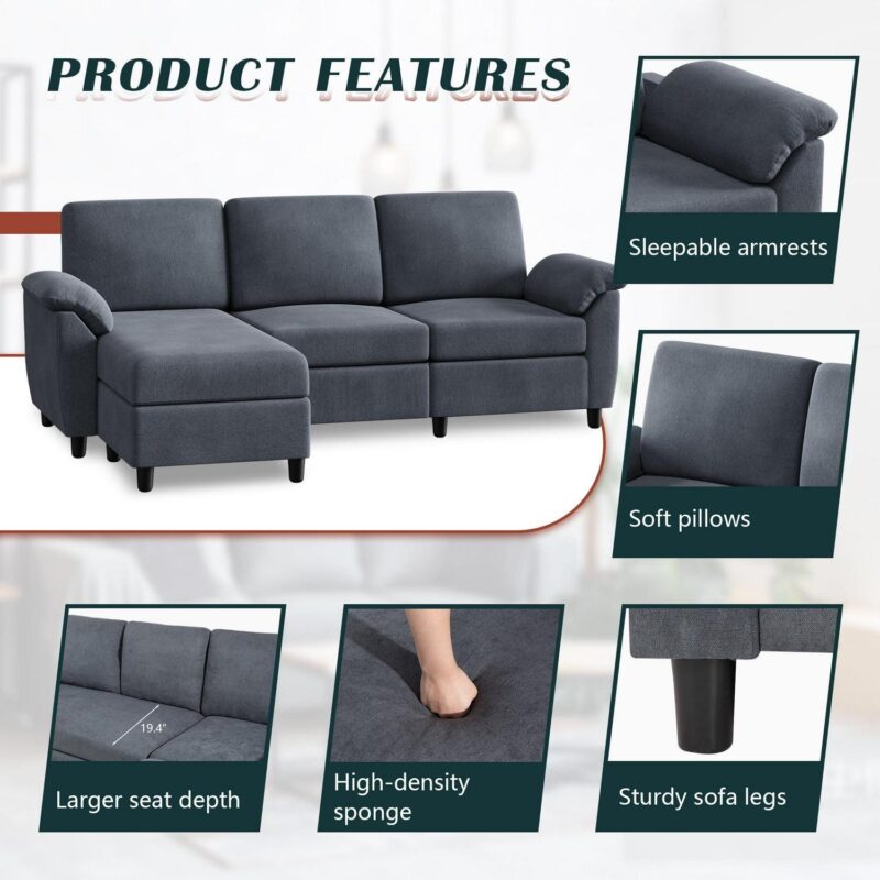 Walsunny 79  Convertible Sectional Sofa Couch,Linen Fabric L Shaped Sofa with Removable Pillows Dark Gray - Image 4