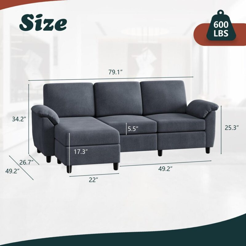 Walsunny 79  Convertible Sectional Sofa Couch,Linen Fabric L Shaped Sofa with Removable Pillows Dark Gray - Image 5