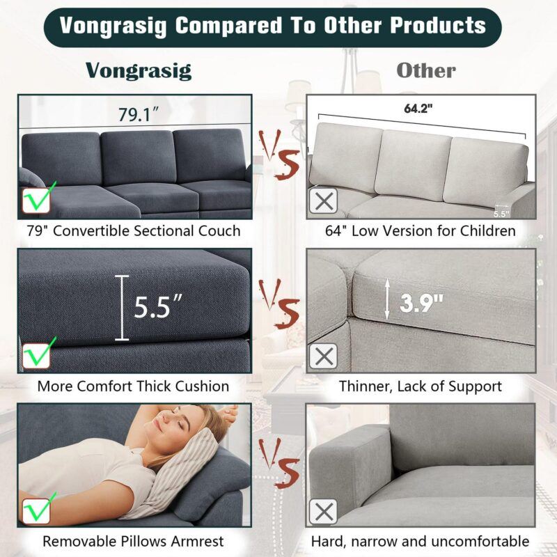 Walsunny 79  Convertible Sectional Sofa Couch,Linen Fabric L Shaped Sofa with Removable Pillows Dark Gray - Image 3