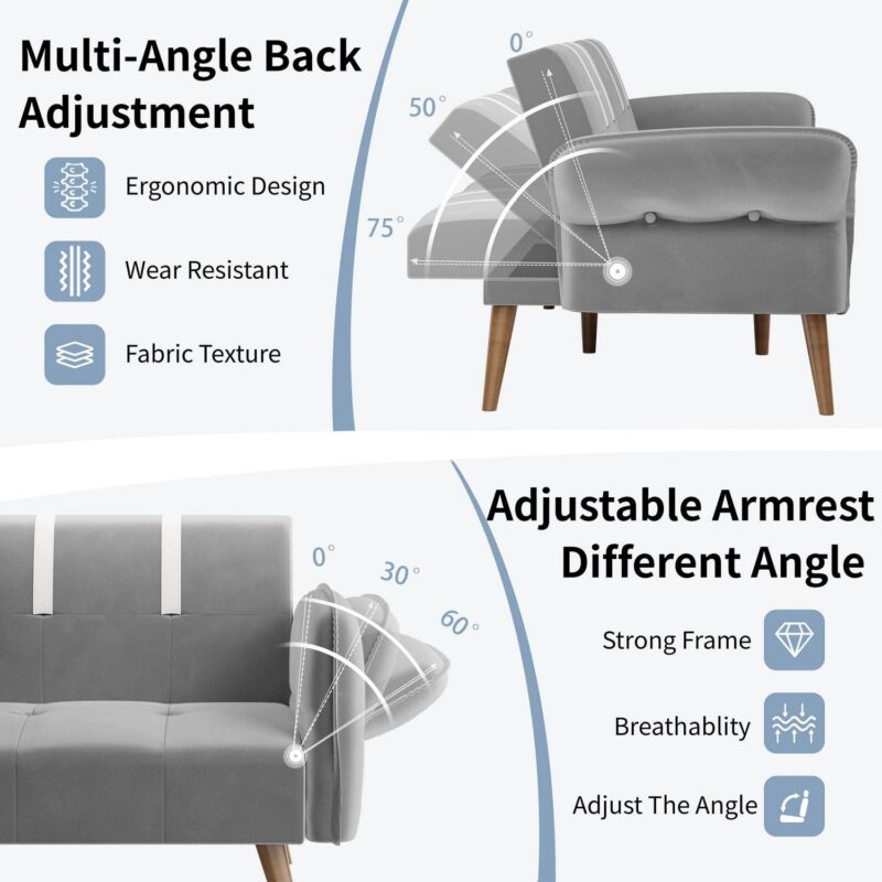 Walsunny 79  Velvet Futon Couch Sofa Bed, Folding Sleeper Loveseat with Adjustable Armrests Backrest Light Grey - Image 4