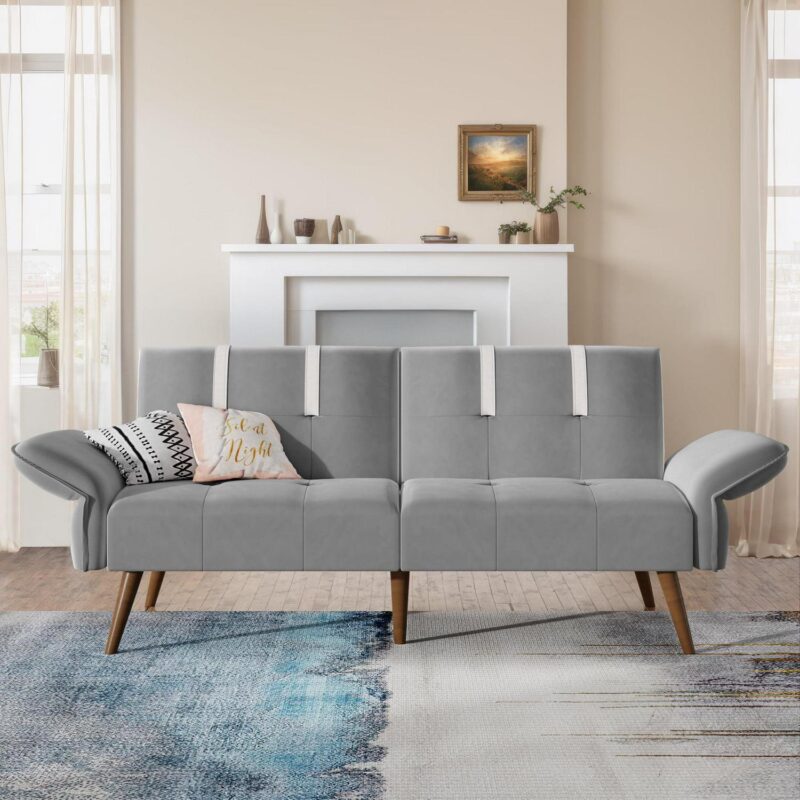 Walsunny 79  Velvet Futon Couch Sofa Bed, Folding Sleeper Loveseat with Adjustable Armrests Backrest Light Grey - Image 8