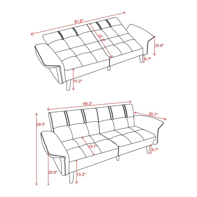 Walsunny 79  Velvet Futon Couch Sofa Bed, Folding Sleeper Loveseat with Adjustable Armrests Backrest Light Grey - Image 7