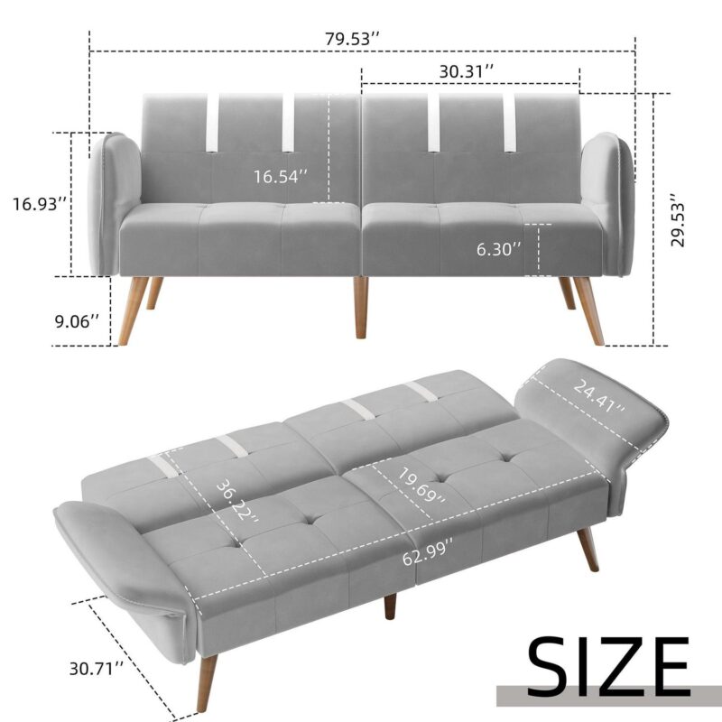 Walsunny 79  Velvet Futon Couch Sofa Bed, Folding Sleeper Loveseat with Adjustable Armrests Backrest Light Grey - Image 2