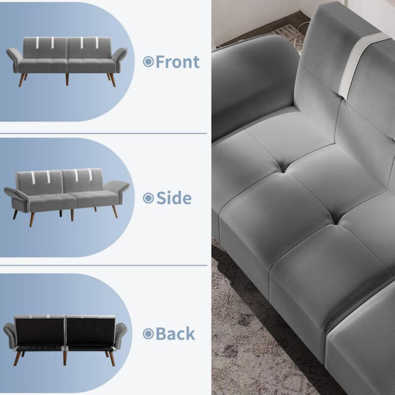 Walsunny 79  Velvet Futon Couch Sofa Bed, Folding Sleeper Loveseat with Adjustable Armrests Backrest Light Grey - Image 3