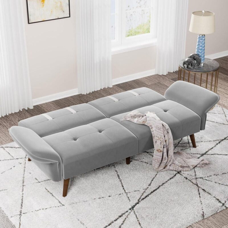 Walsunny 79  Velvet Futon Couch Sofa Bed, Folding Sleeper Loveseat with Adjustable Armrests Backrest Light Grey - Image 9