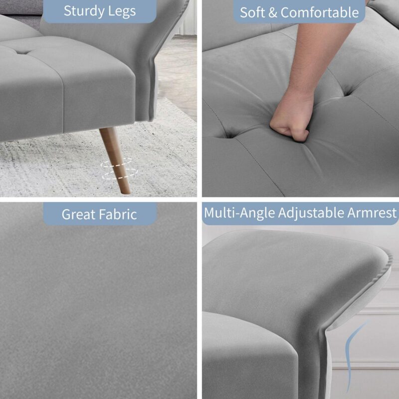 Walsunny 79  Velvet Futon Couch Sofa Bed, Folding Sleeper Loveseat with Adjustable Armrests Backrest Light Grey - Image 6