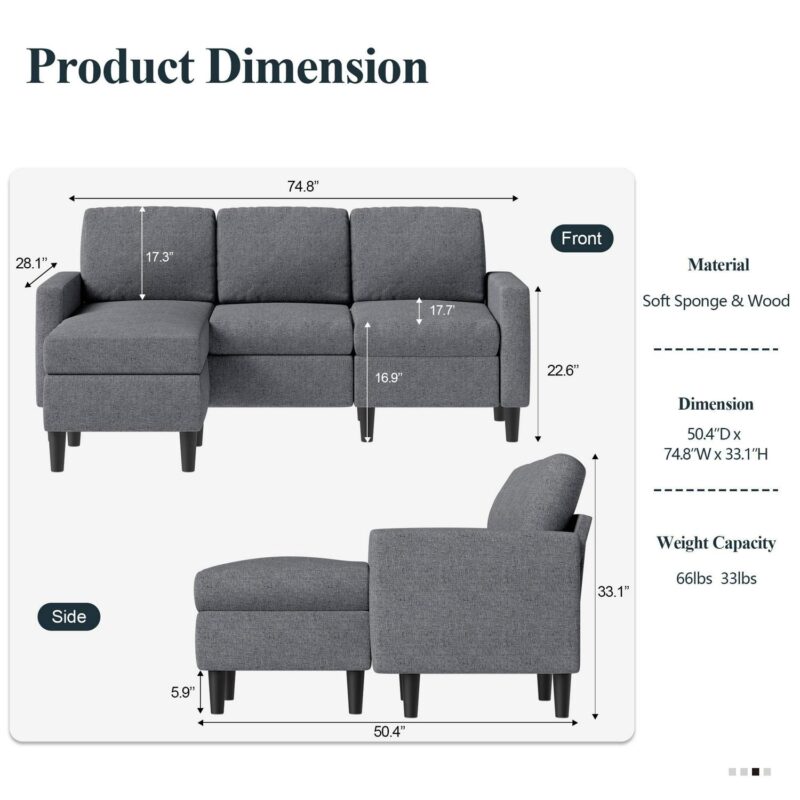 Walsunny Convertible Sectional Sofa Couch L-Shaped Couch with Modern Linen Fabric for Small Space(Dark Gray) - Image 5
