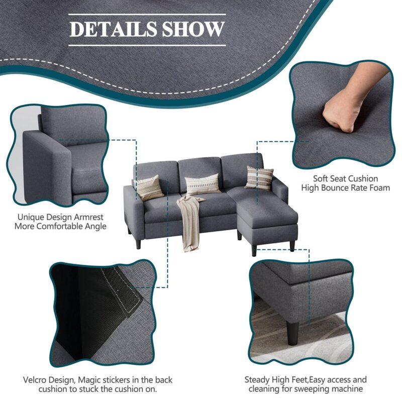 Walsunny Convertible Sectional Sofa Couch L-Shaped Couch with Modern Linen Fabric for Small Space(Dark Gray) - Image 3