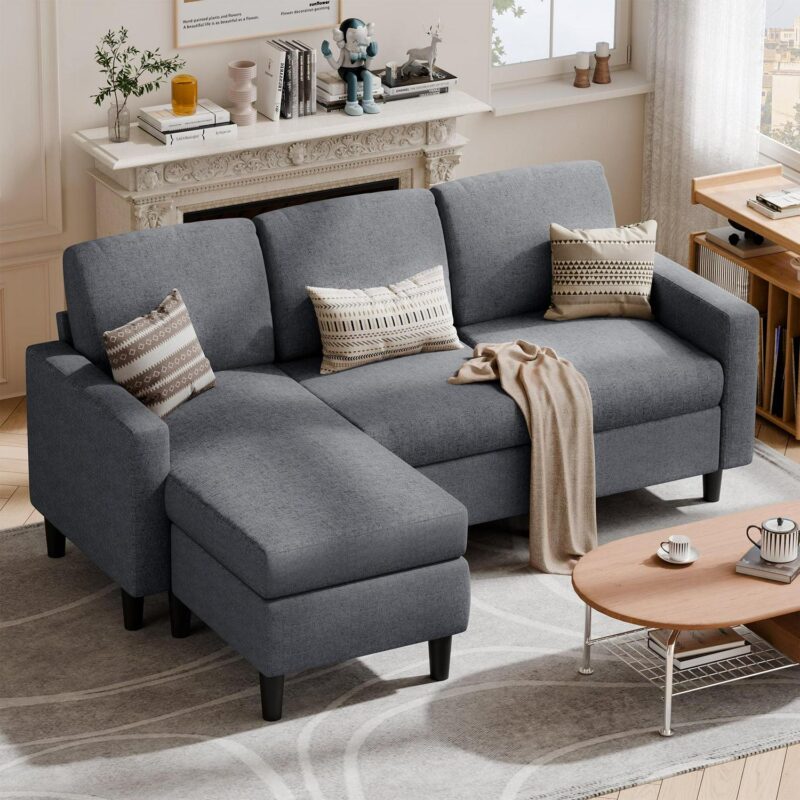 Walsunny Convertible Sectional Sofa Couch L-Shaped Couch with Modern Linen Fabric for Small Space(Dark Gray) - Image 8