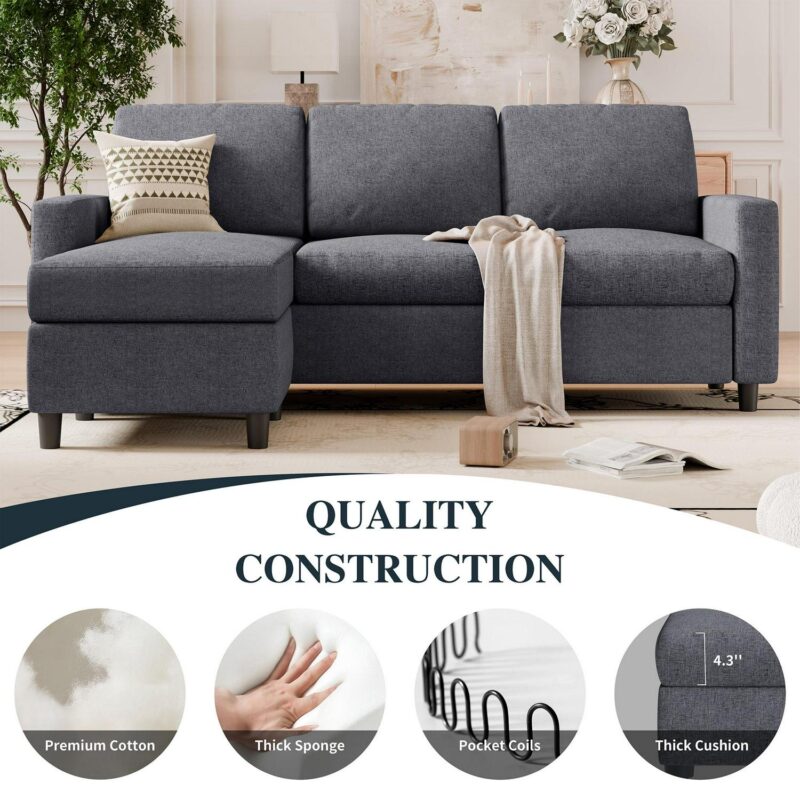 Walsunny Convertible Sectional Sofa Couch L-Shaped Couch with Modern Linen Fabric for Small Space(Dark Gray) - Image 2