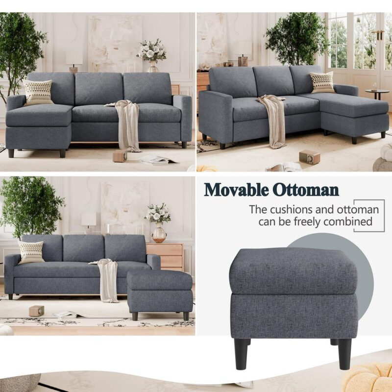 Walsunny Convertible Sectional Sofa Couch L-Shaped Couch with Modern Linen Fabric for Small Space(Dark Gray) - Image 4