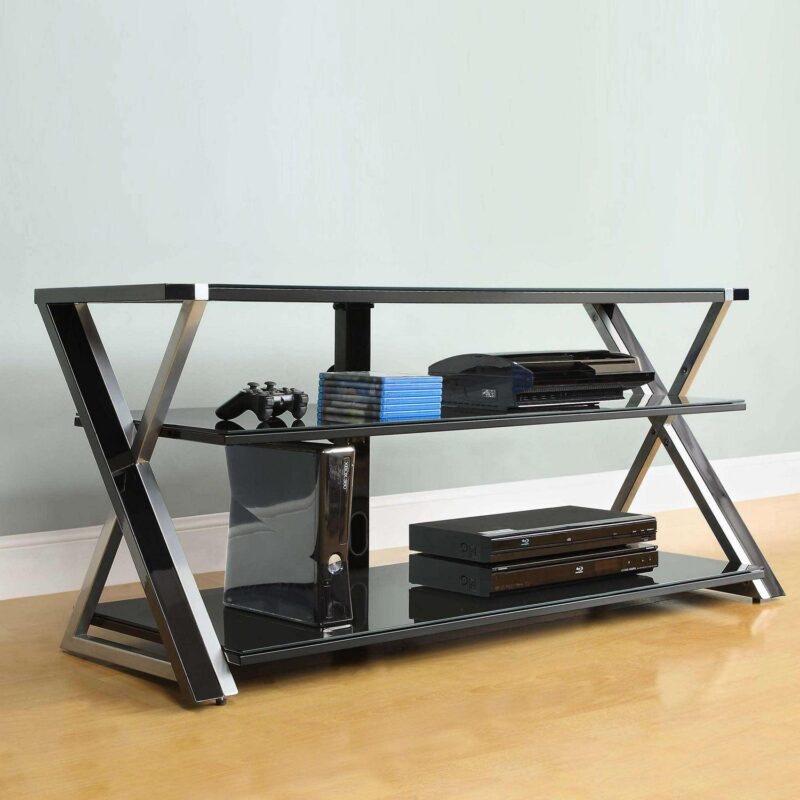 Whalen Furniture Black TV Stand for 60  Flat Panel TVs with Tempered Glass Shelves - Image 2