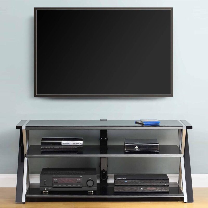 Whalen Furniture Black TV Stand for 60  Flat Panel TVs with Tempered Glass Shelves