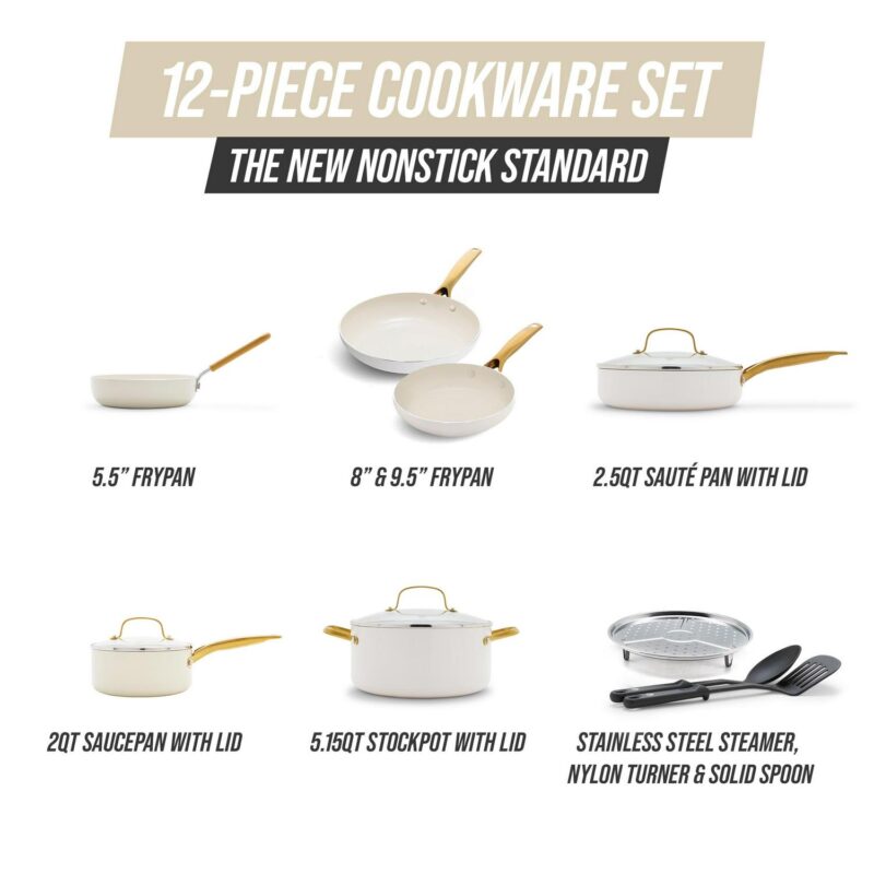 White Diamond 12-Piece Toxin-Free Ceramic Nonstick Pots and Pans Cookware Set, Dishwasher Safe - Image 4