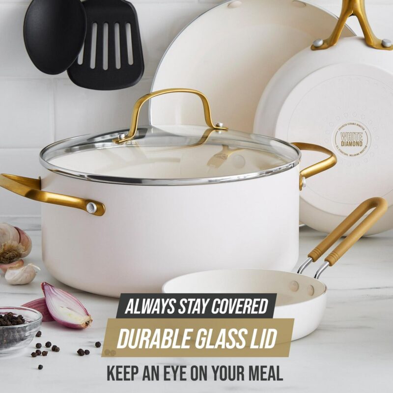 White Diamond 12-Piece Toxin-Free Ceramic Nonstick Pots and Pans Cookware Set, Dishwasher Safe - Image 7