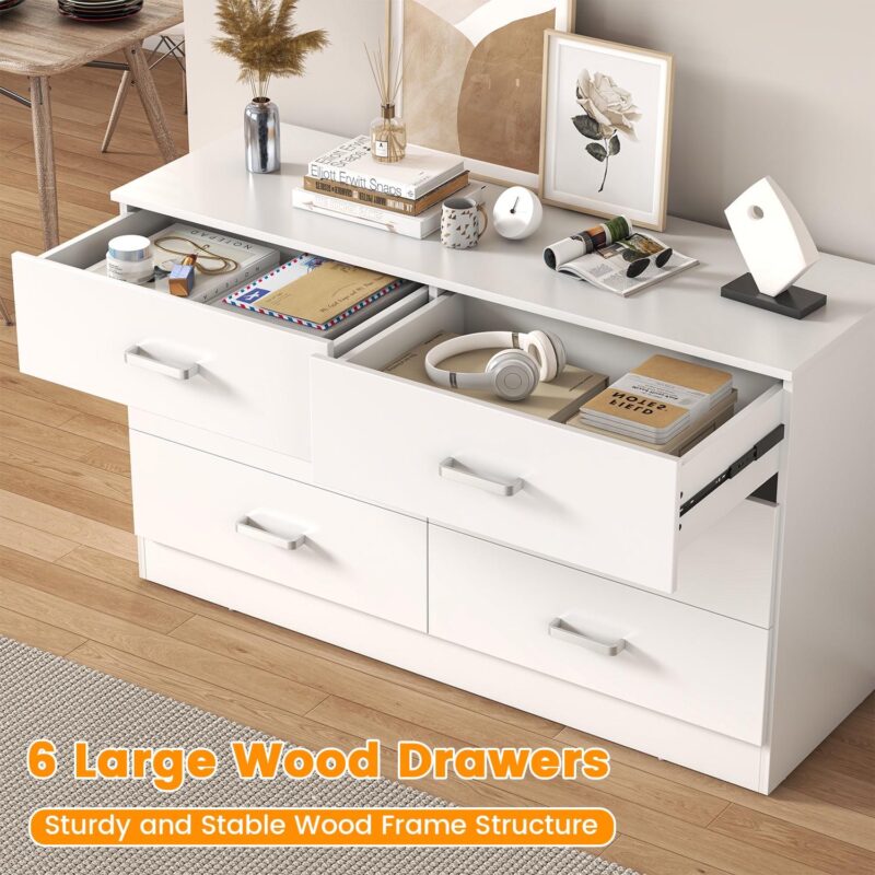 Winkalon 6 Drawer White Double Dresser, Wood Storage Cabinet with Easy Pull Out Handles for Living Room,Chest of Drawers for Bedroom - Image 6