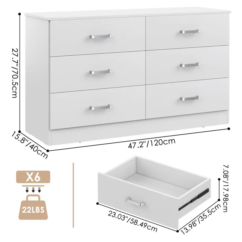 Winkalon 6 Drawer White Double Dresser, Wood Storage Cabinet with Easy Pull Out Handles for Living Room,Chest of Drawers for Bedroom - Image 9