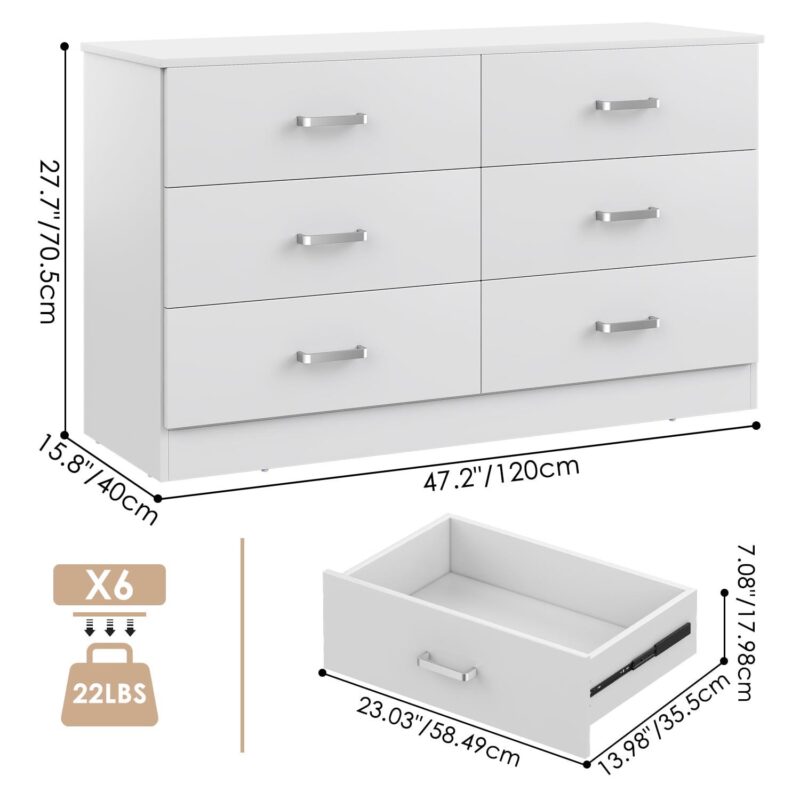 Winkalon 6 Drawer White Double Dresser, Wood Storage Cabinet with Easy Pull Out Handles for Living Room,Chest of Drawers for Bedroom - Image 9