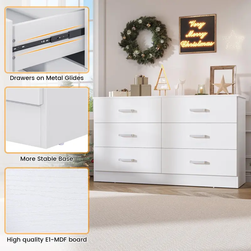 Winkalon 6 Drawer White Double Dresser, Wood Storage Cabinet with Easy Pull Out Handles for Living Room,Chest of Drawers for Bedroom - Image 7