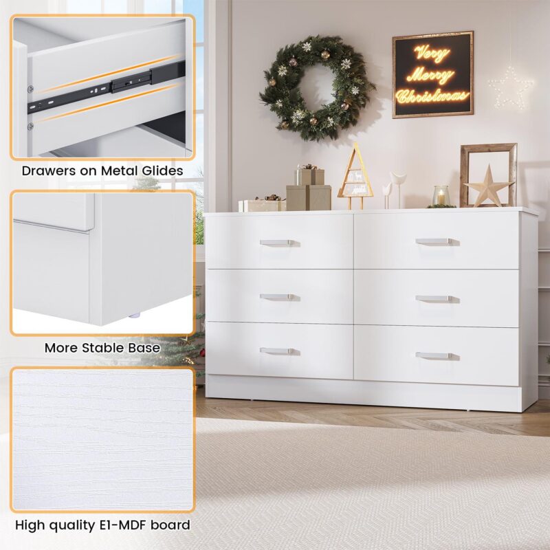 Winkalon 6 Drawer White Double Dresser, Wood Storage Cabinet with Easy Pull Out Handles for Living Room,Chest of Drawers for Bedroom - Image 7
